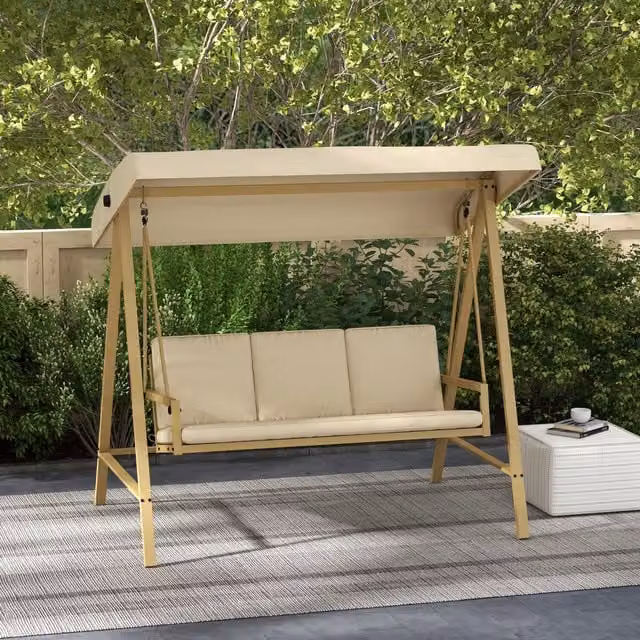 Outsunny 3 Seat Modern Garden Swing Chair with Adjustable Sun Canopy and Cushions in Beige and White