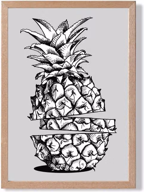 ARTZE Sketch Pineapple Botanical Illustration on Light Grey Paper with Oak Frame, A2