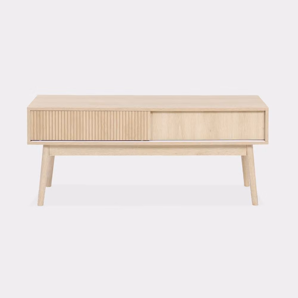 Sweekeec Scandinavian Style TV Unit with Grooved Wood Detail and 2 Doors in Light Brown, W: 115 cm – 2