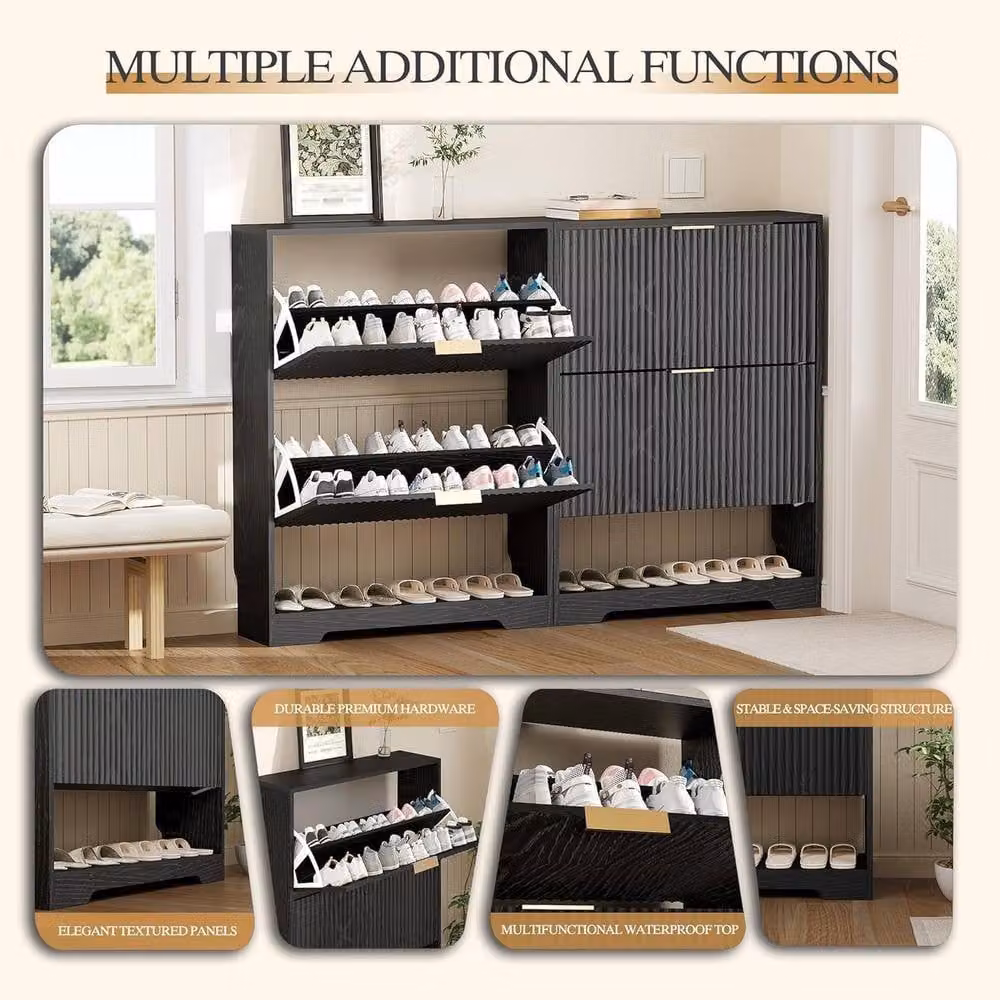 London Boutique Mid-Century Modern Black Wooden Shoe Storage Cabinet with 2 Drawers and Tilting Compartments – 7