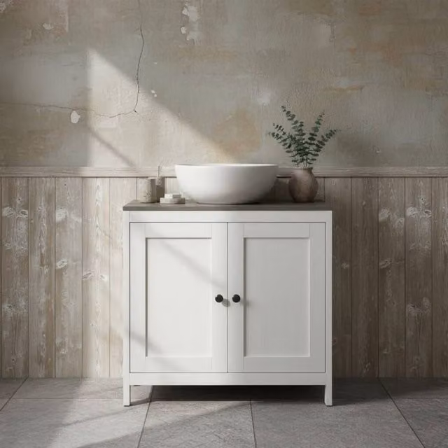 Wyld Haus Narile Antique White Under Sink Bathroom Cabinet with Double Hinged Doors and Adjustable Internal Shelves – 1