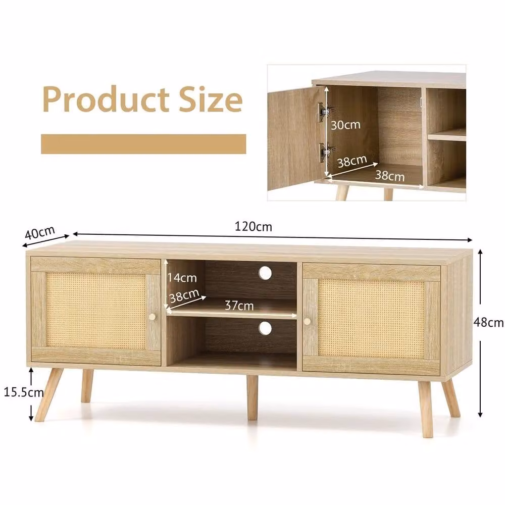FORGEVIO Boho Rattan Media Console Table with 2 Cabinets and Open Shelves in Beige – 2