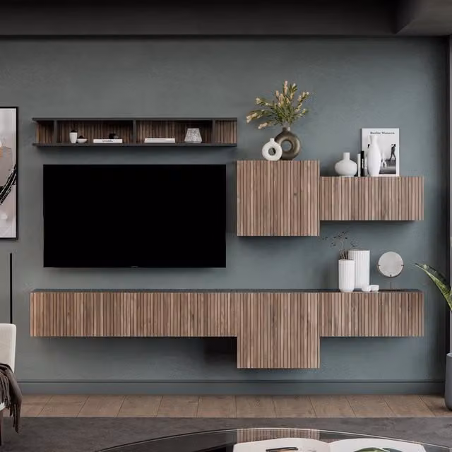 Decorotika Barcelona Wall Mounted Entertainment Center in Black with Geometric Alina Pattern