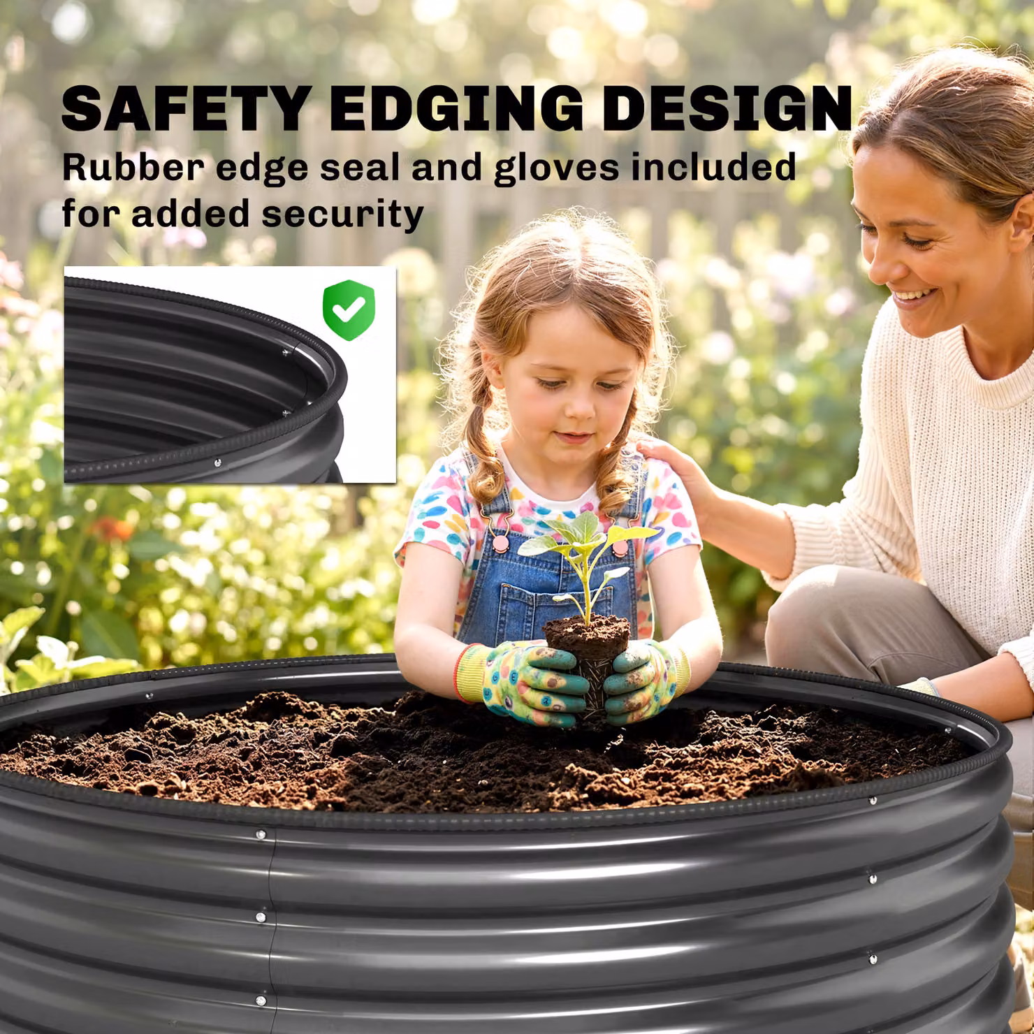 Outsunny Galvanised Steel Raised Garden Bed with Safety Edging in Dark Grey, W/D/H: 120 x 120 x 43 cm – 5