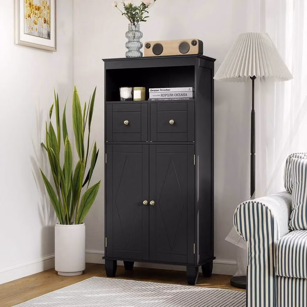 Hinsinc Modern Freestanding Black Pine Bathroom Storage Cabinet with Hinged Doors and Internal Shelves, H 108.0 cm x W 56.0 cm – 4
