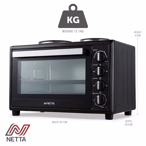 NETTA 45L Mini Oven with Double Hotplate and Electric Grill in Black – 7