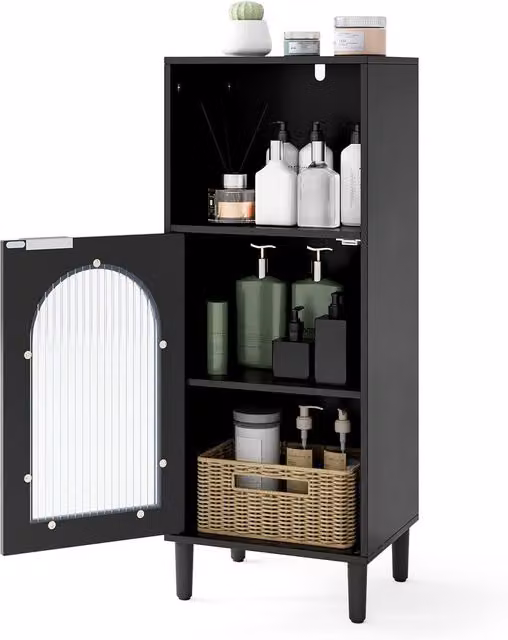Costway Modern Black Lacquered Wooden Freestanding Bathroom Floor Cabinet with Glass Doors and Internal Shelves