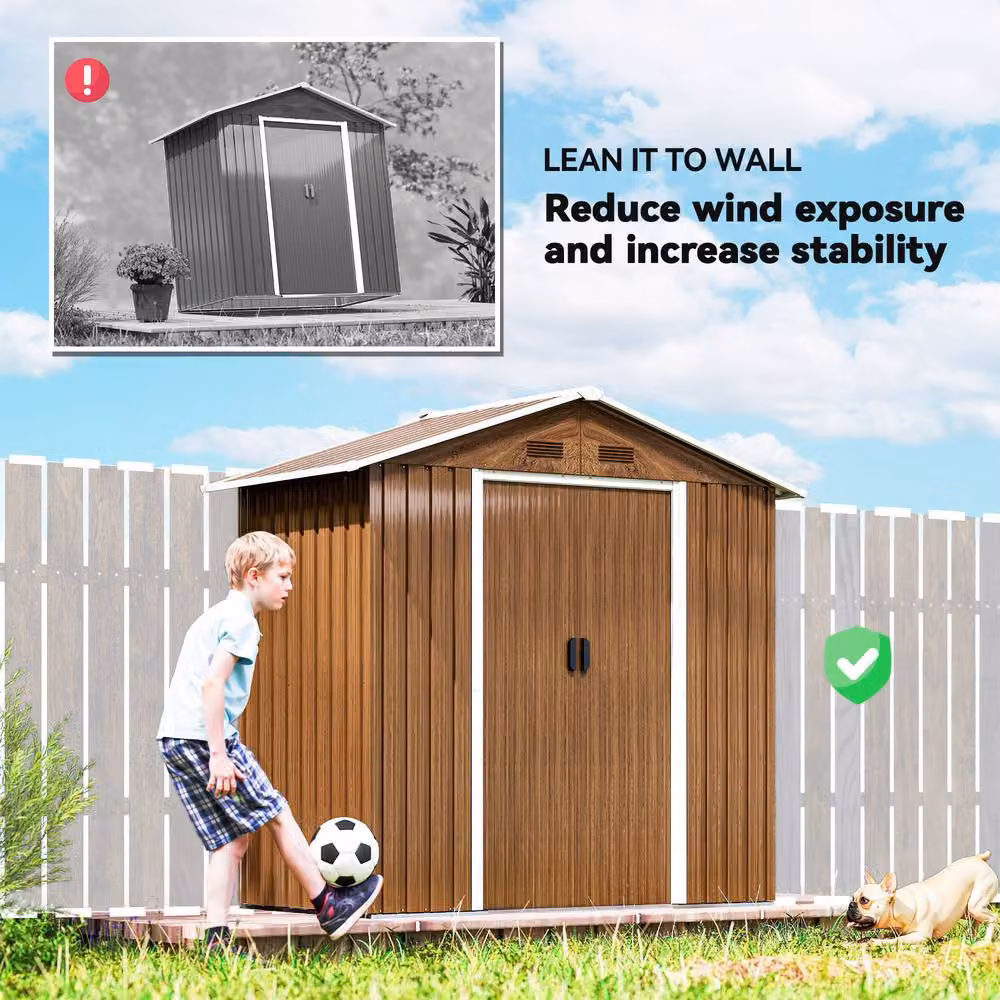 Rolipo Metal Garden Shed in Dark Brown Wood Effect with Sliding Gable Doors – 8