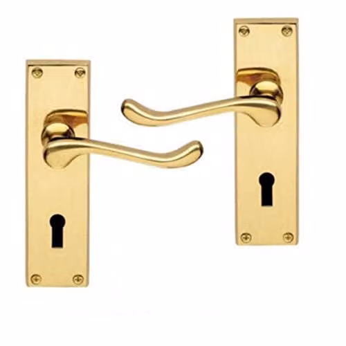Golden Grace Victorian Scroll Lever Lock Door Handles with Plate in Polished Brass Finish, W: 150 mm, H: 40 mm