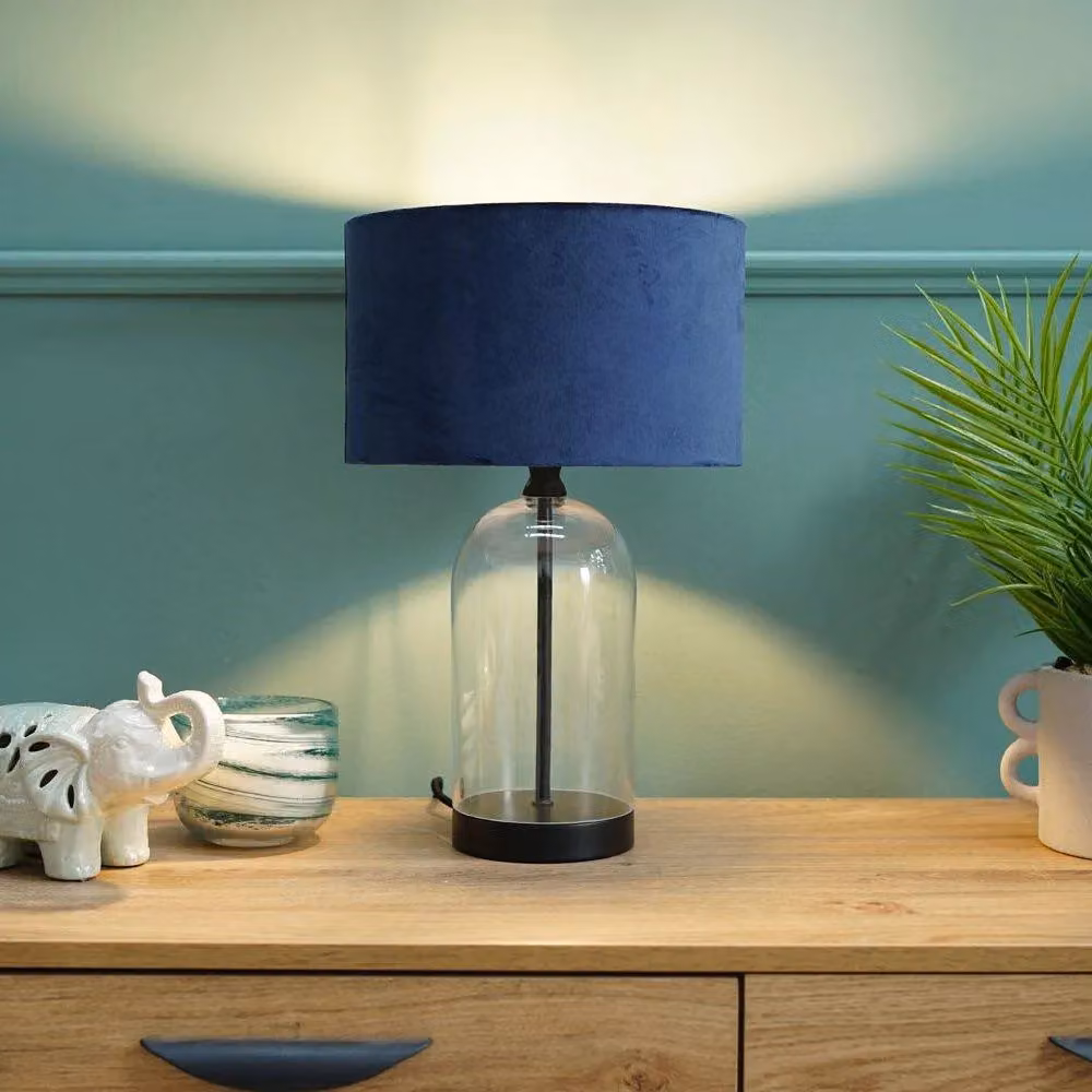ValueLights Jessy Black Glass and Metal Table Lamp with Navy Blue Fabric Shade – 3