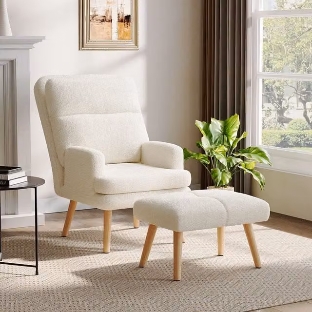 Komore Sherpa Recliner Lounge Chair with Ottoman in Beige