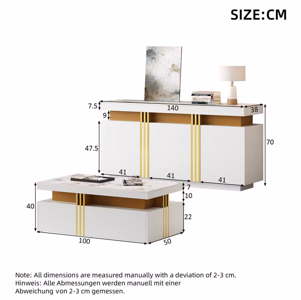 STILVORA 3 Piece Modern Living Room Furniture Set with Storage in White and Gold – 3
