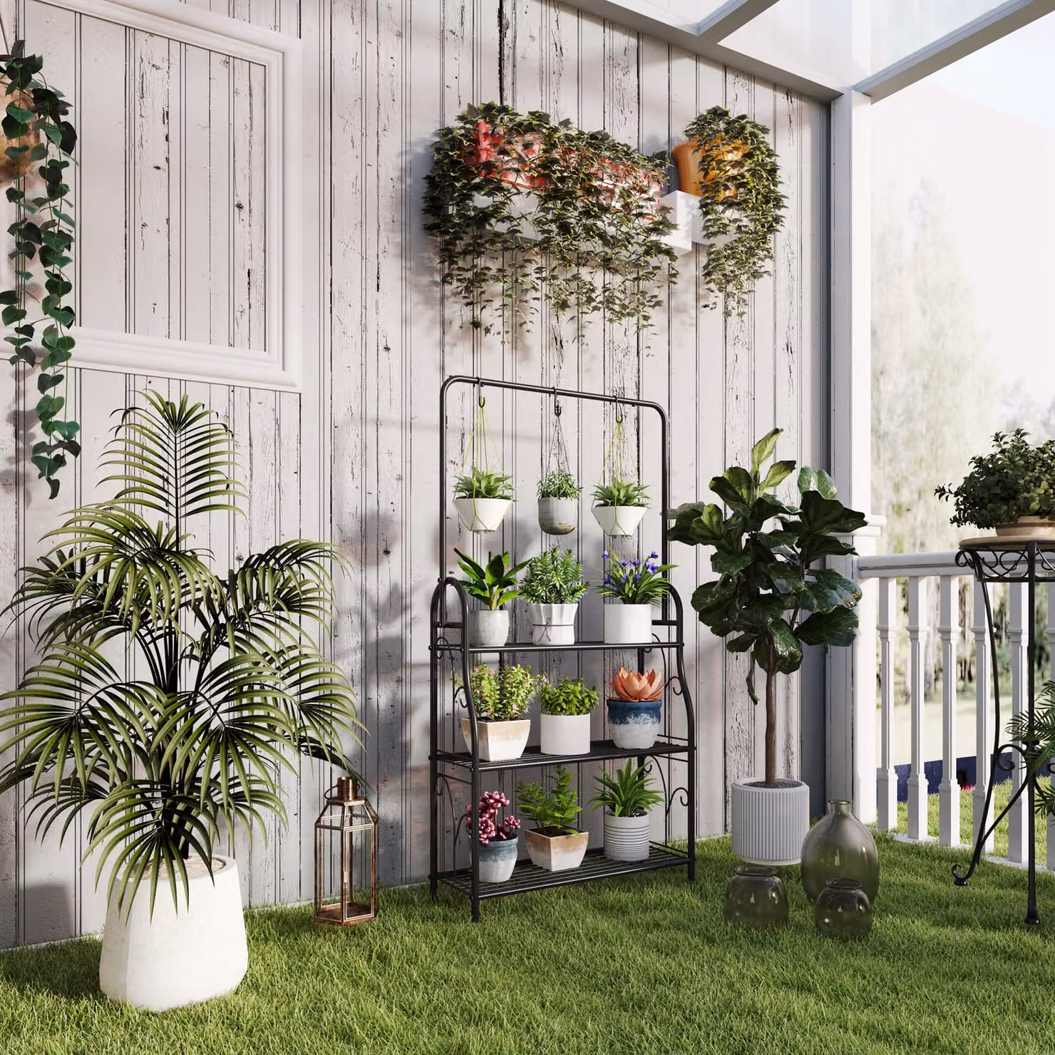 Outsunny 3 Tier Metal Plant Stand with Hanging Rod and Hooks, Black Ladder Flower Pot Rack for Indoor and Outdoor Use, H 137 x W 75 x D 25 cm – 2