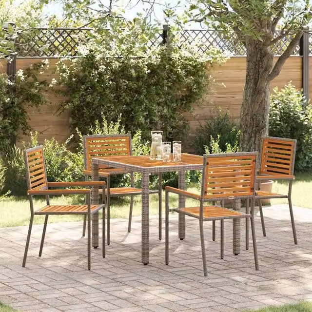 Berkfield Home 5 Piece Grey Poly Rattan and Acacia Wood Garden Dining Set – 1