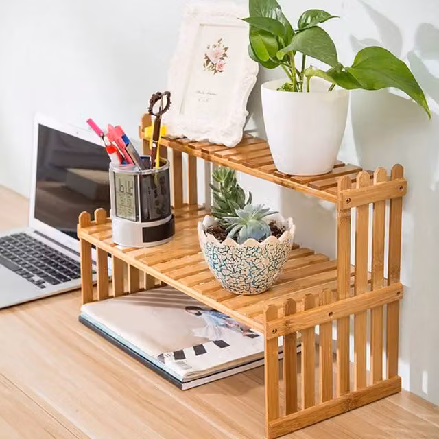 KORVIXA 2 Tier Rustic Wood Plant Stand in Natural Brown – 1