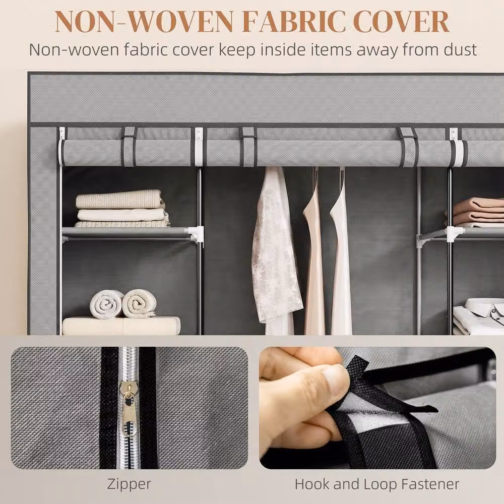 STILVORA Portable Wardrobe with Roll Shutter, Hanging Rail and Internal Shelves in Grey, H 162.5 x W 150 x D 43 cm – 4