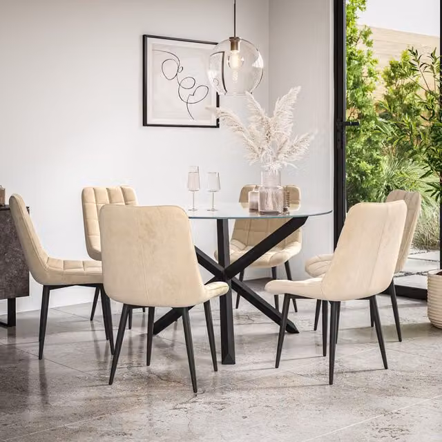 More4Homes Malvern Round Dining Table and 6 Nova Velvet Chairs Set, Clear Glass Top with Black Solid Oak Legs and Beige Chairs, Diameter: 120 cm, Height: 75 cm