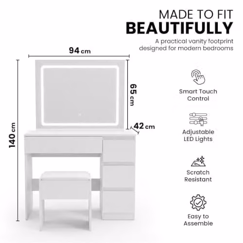Kosy Koala Modern Dressing Table Set with Hollywood LED Mirror and Stool in White, W: 94 cm, D: 42 cm, H: 140 cm – 3