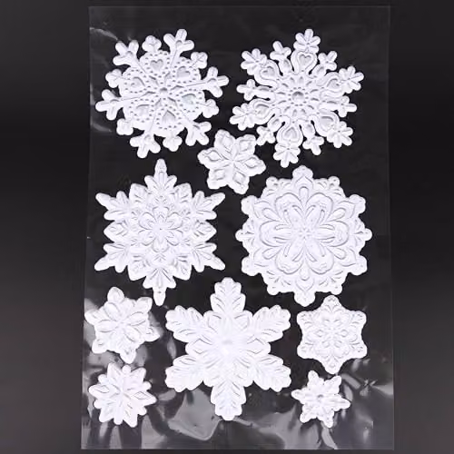 Shatchi 3D Christmas Window Stickers in White and Silver with Snowflakes and Animals, 8 Assorted Sheets – 3