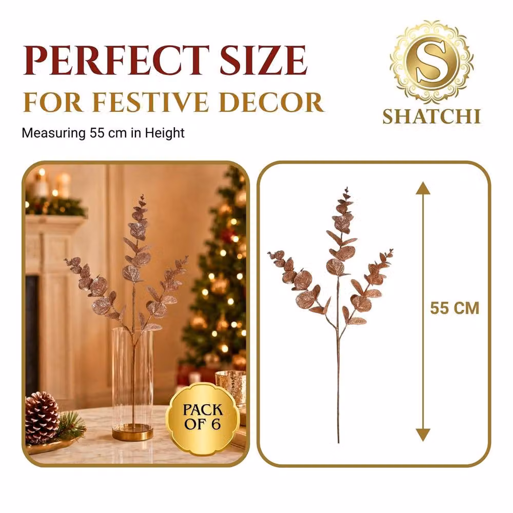 Shatchi Gold Glitter Artificial Eucalyptus Christmas Tree Picks, 12 Pack, Height: 55 cm – 3