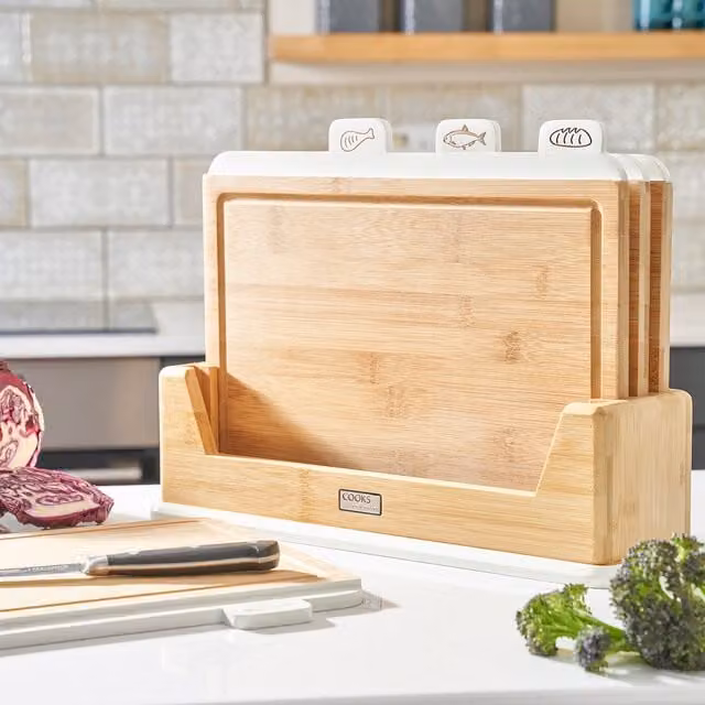Cooks Professional Rectangular Bamboo Index Chopping Boards with Groove in White and Beige