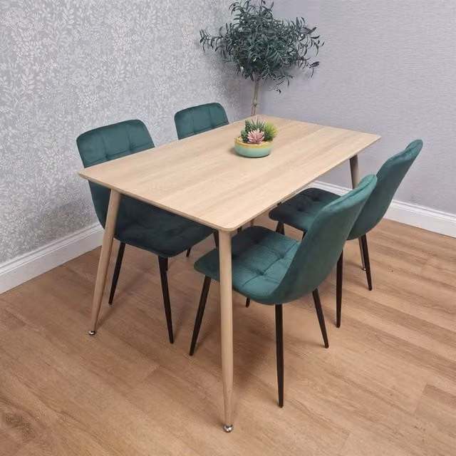 KOSY KOALA Modern Dining Table and 4 Green Velvet Chairs Set in Beige and Brown, W/D/H: 120 x 70 x 75 cm