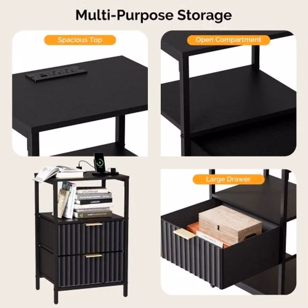 KORVIXA Black Bedside Table with Charging Station and Media Compartments – 5