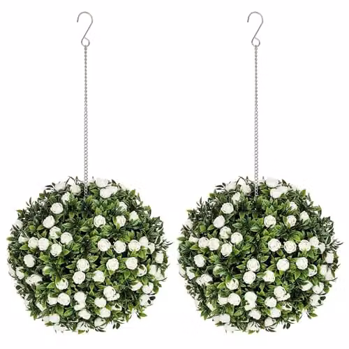 HOMCOM Set of 2 White Artificial Rose Topiary Balls, 28 cm Diameter