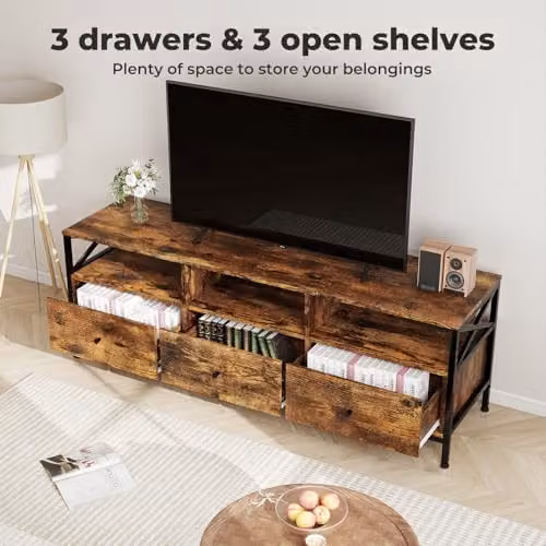 Levede Industrial 65 Inch TV Stand with 3 Drawers and 3 Open Shelves in Rustic Brown and Black – 3