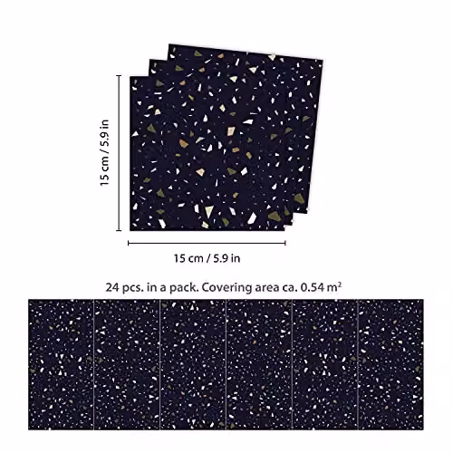 WALPLUS 24-Piece Self-Adhesive Terrazzo Wall Tile Stickers in Dark Blue and Metallic Silver, 15 x 15 cm – 4