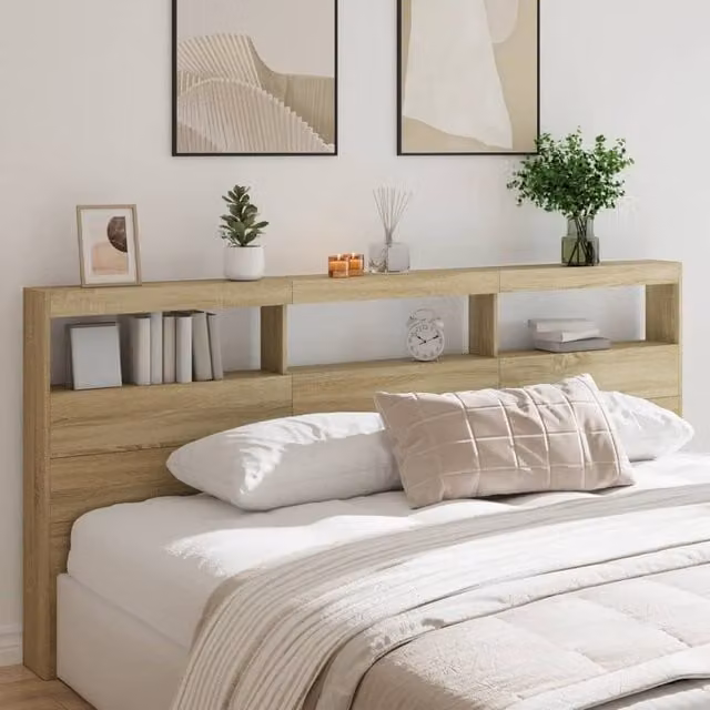 Berkfield Home Modern Headboard Cabinet with LED in Sonoma Oak Brown, W/D/H: 220 x 17 x 102 cm