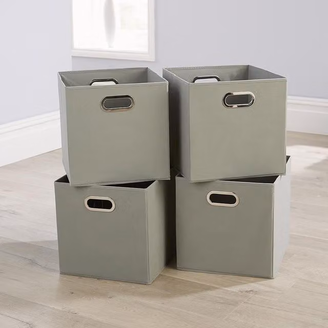 Home Source Pack of 4 Large Foldable Cube Storage Insert Boxes in Grey Canvas Fabric with Handles