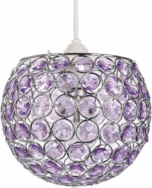 Happy Homewares Round Globe Easy Fit Pendant Shade with Purple Acrylic Bead Jewels and Chrome Details – 1