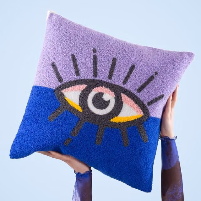 Heya Home All Eyes On You Bouclé Decorative Cushion in Purple and Blue, W/D/H: 45 x 45 x 45 cm