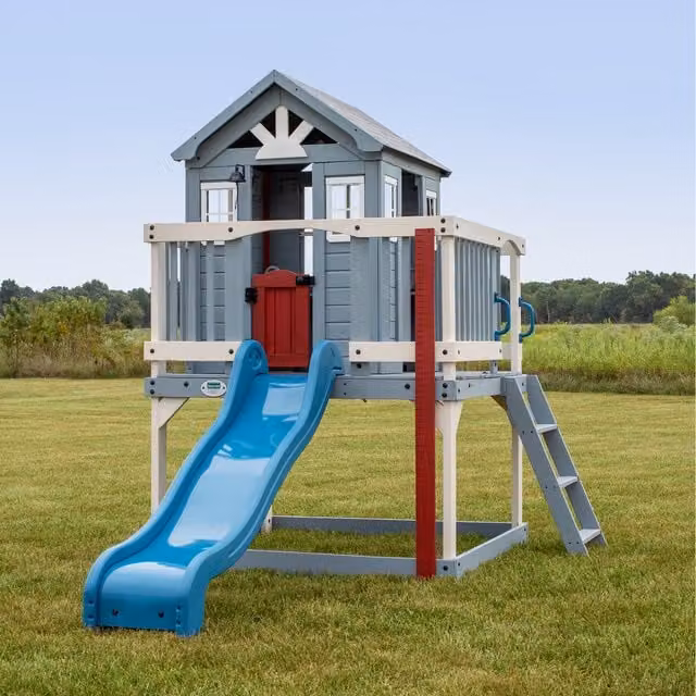 Backyard Discovery Beacon Heights Elevated Cedar Wooden Playhouse with Slide in Grey