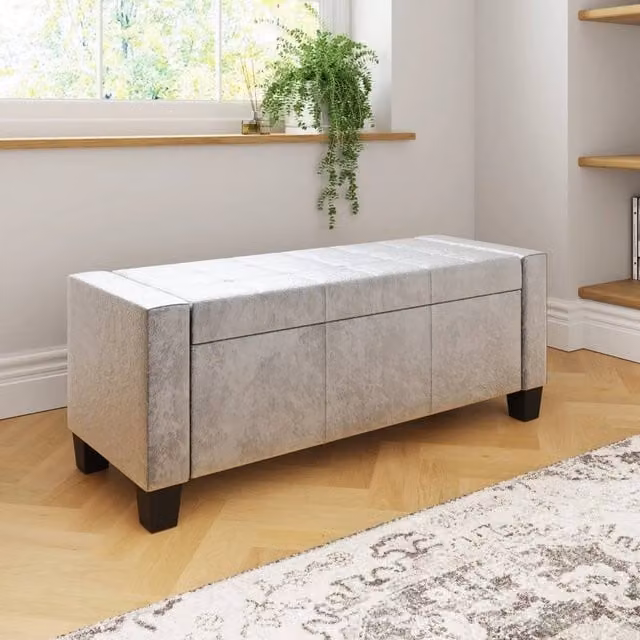 FORGEVIO Grey Velvet Ottoman Storage Bench for Bedroom and Window Seating