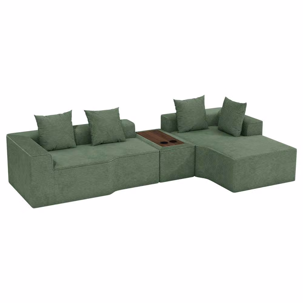 Dprodo Green Corduroy Right L-Shaped Modular Sofa with Cup Holder Table and Scatter Cushions, Width: 320 cm – 8