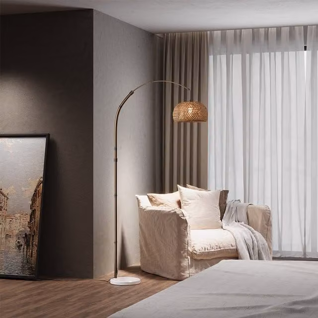 Livingandhome Retro Floor Lamp with Bamboo Dome Shade and Marble Base in Brown and Gold/Brass