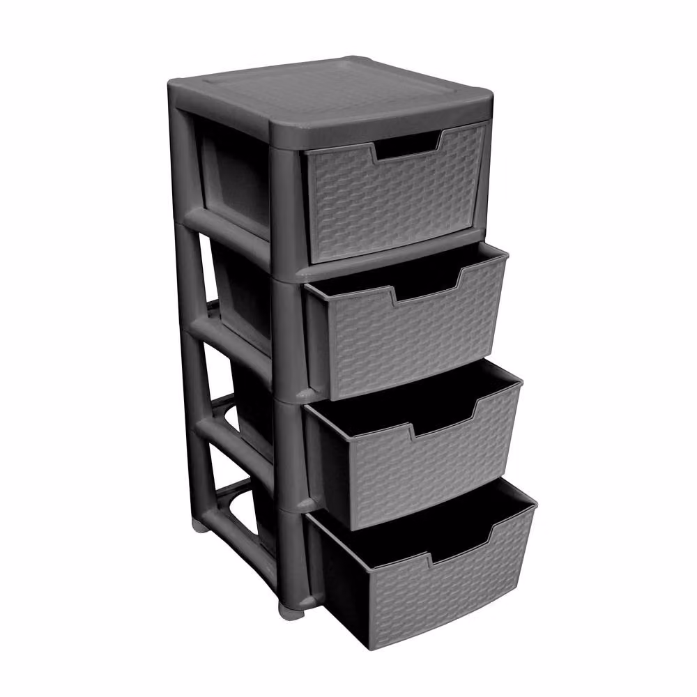 Simpa Large Rattan Effect 4 Drawer Storage Tower Unit in Black, H: 82 cm – 2