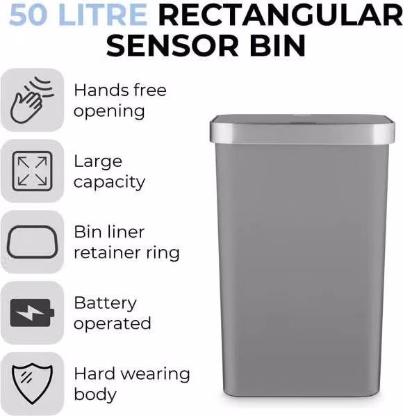 Tower 50L Rectangular ABS Sensor Bin in Grey, W/D/H: 63.5 x 26.0 x 26.0 cm
