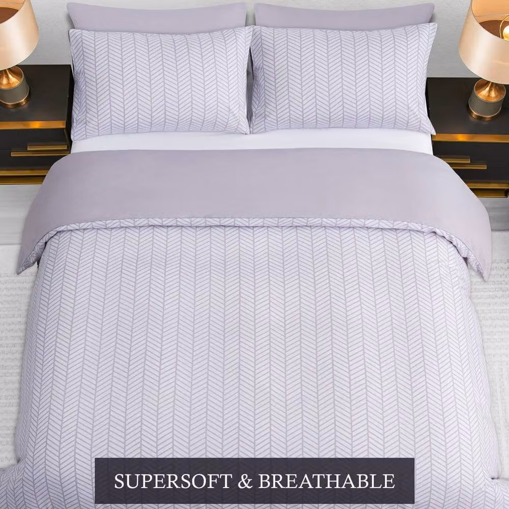Lazzaro Home Premium Chevron Microfibre Reversible Duvet Cover and Pillowcase Set, Light Grey, King Size – 2
