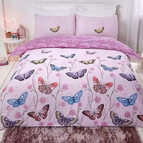 Dreamscene Butterfly Heaven Reversible Duvet Cover and Pillowcase Set, Purple and Pink, W/D/H: 200 x 200 x 50 cm
