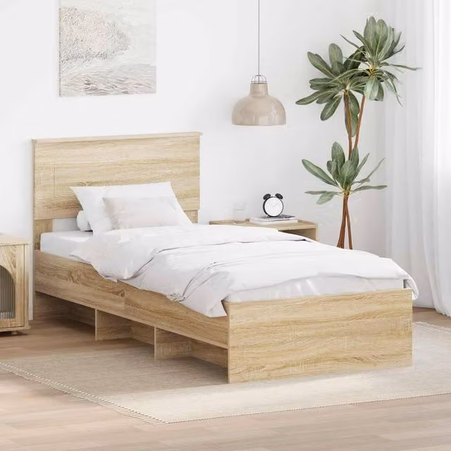 Berkfield Home Sonoma Oak Bed Frame with Headboard in Brown, W/D/H: 80 x 200 cm