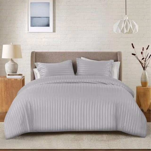 Cotton Passion Silver Striped Microfibre Duvet Cover and Pillowcase Set, W/D/H: 180 x 200 cm and 50 x 75 cm