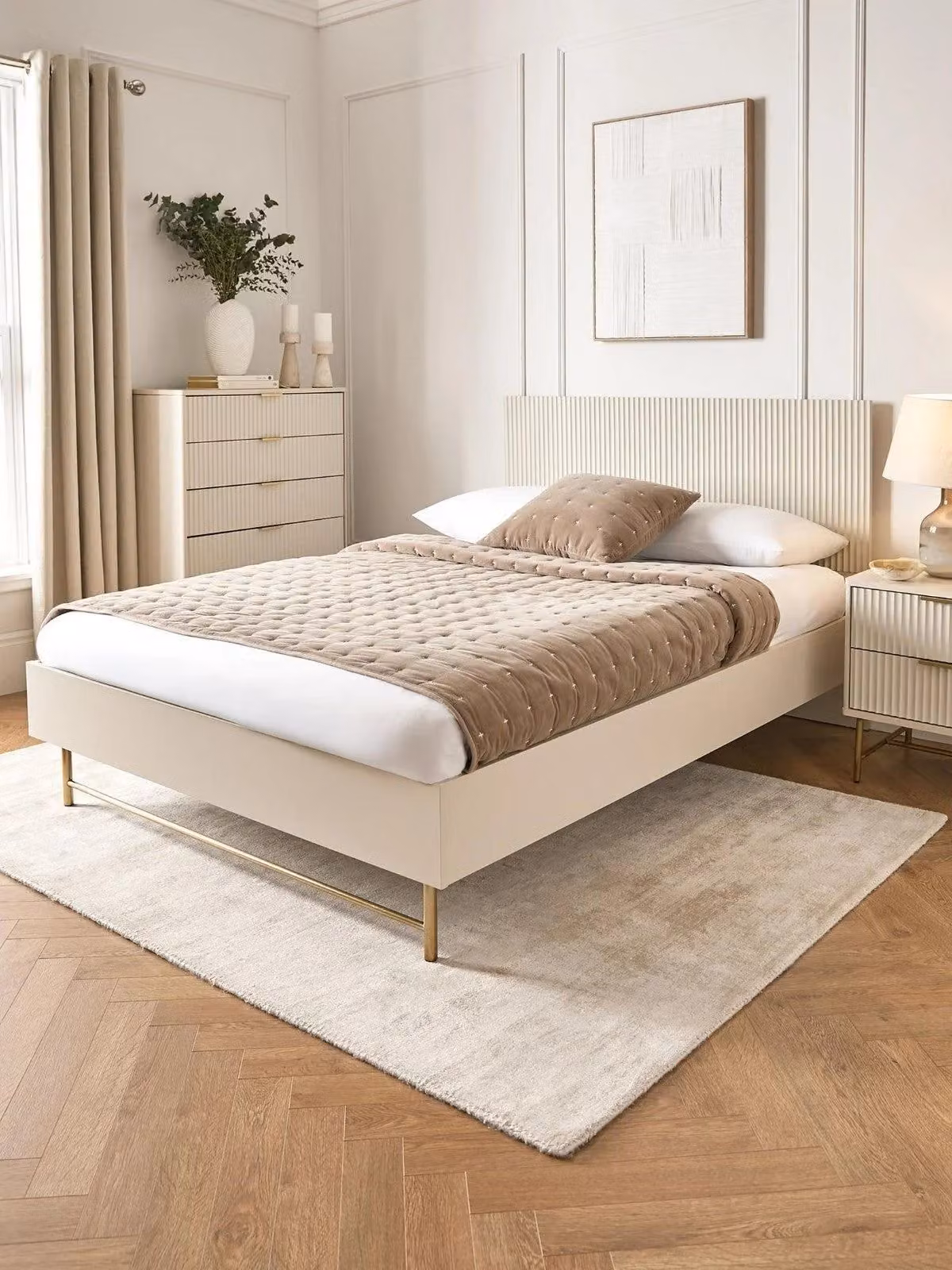 Very Home Modern Upholstered Bed Frame in White and Gold, W/D/H: 140 x 200 cm