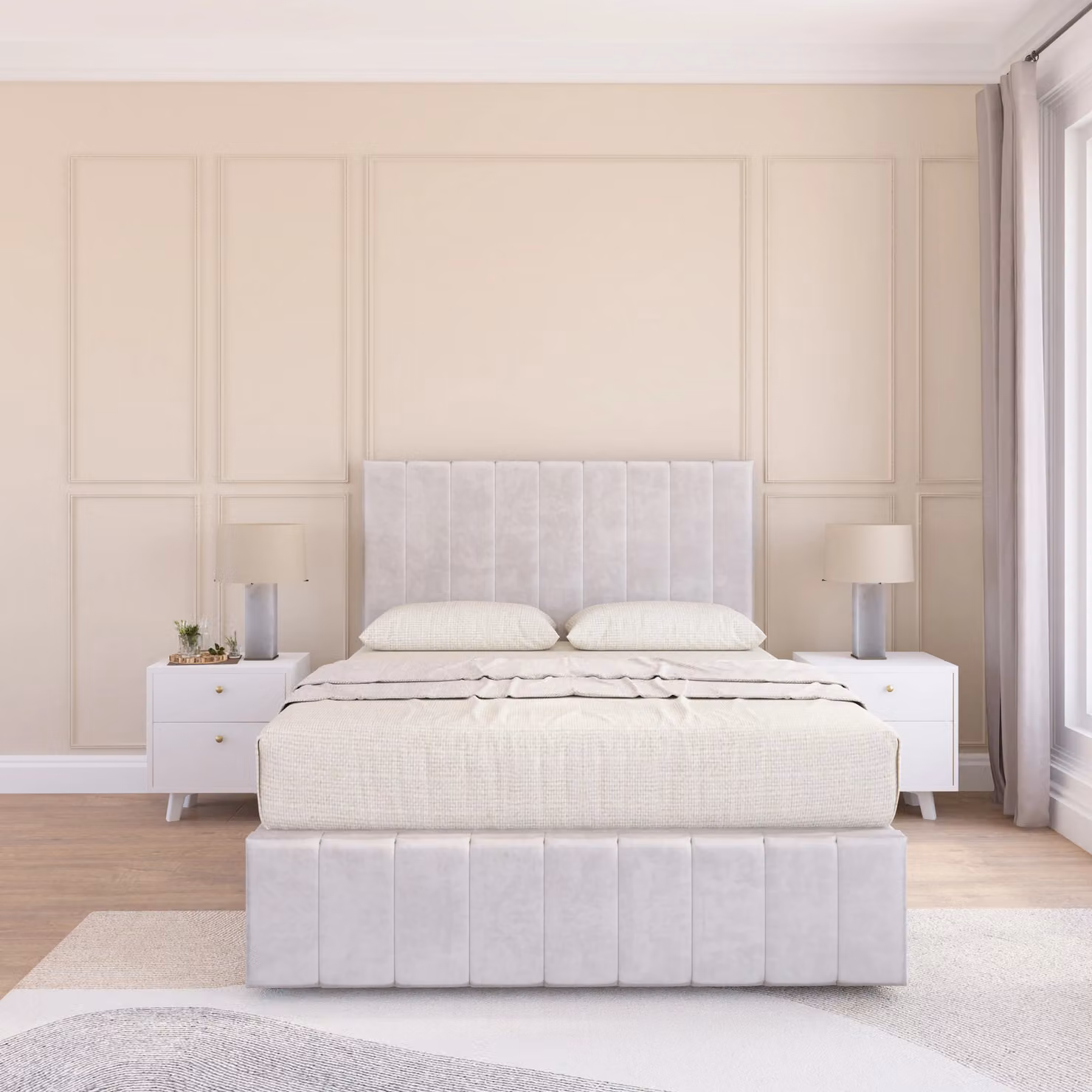 Sloomy California Divan Bed Base in Silver Velvet with 54 inch Floor Standing Chesterfield Headboard and 12 inch Footboard, Super King, W: 200 cm x D: 200 cm