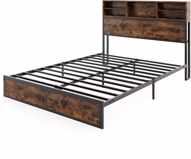 COSTWAY King Size Industrial Metal Bed Frame in Brown with USB Charging Port and Bedside Shelves, W/D/H: 180 x 200 cm