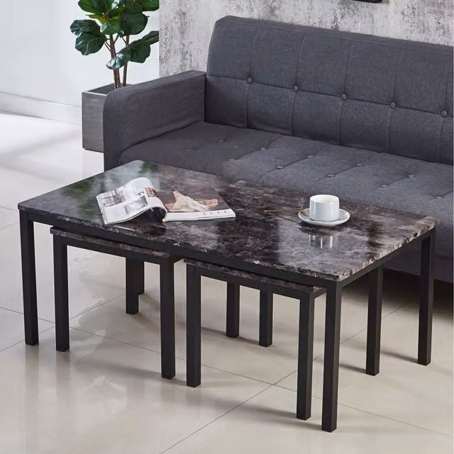 Modernique Grey Marble Effect Coffee Table with Nested Tops and Glossy Finish