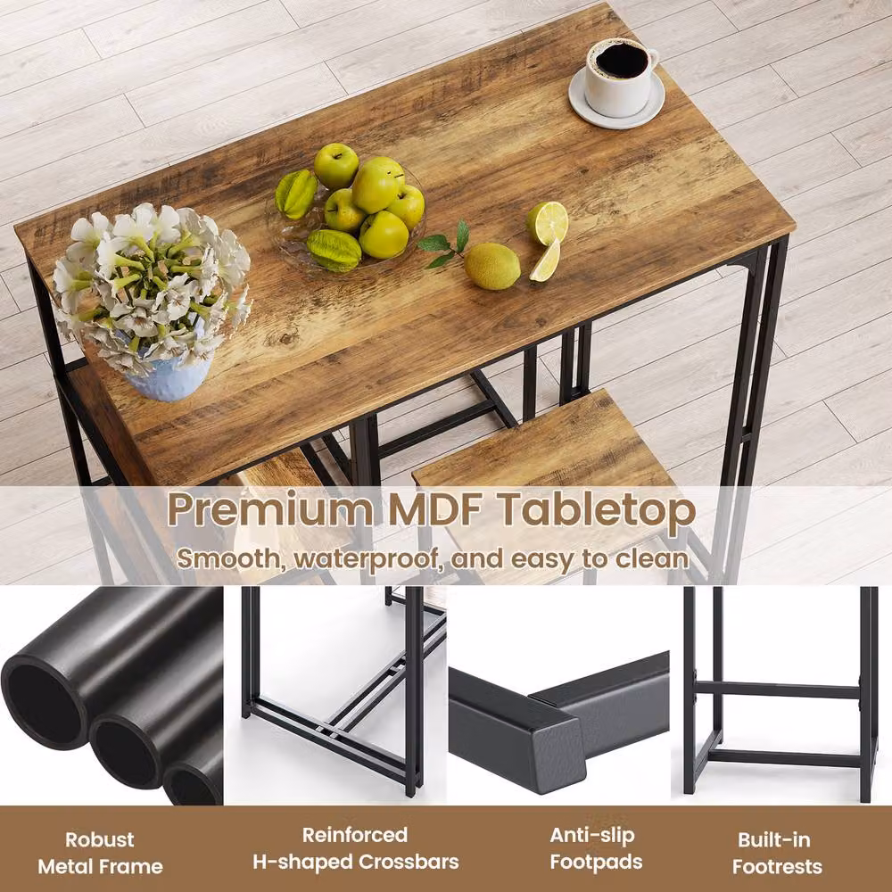 Costway 3-Piece Industrial Bar Table Set with 2 Stools in Brown – 8