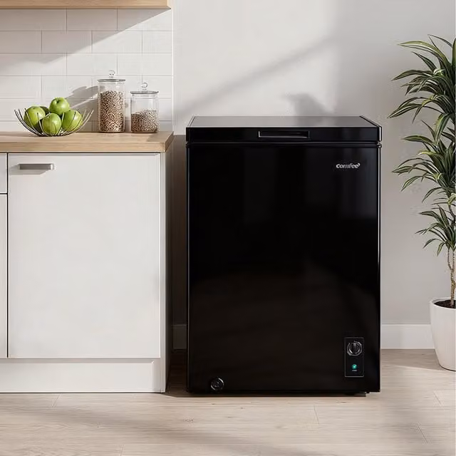 Livingandhome 99L Freestanding Chest Freezer with Compressor and LED Interior Light, Black